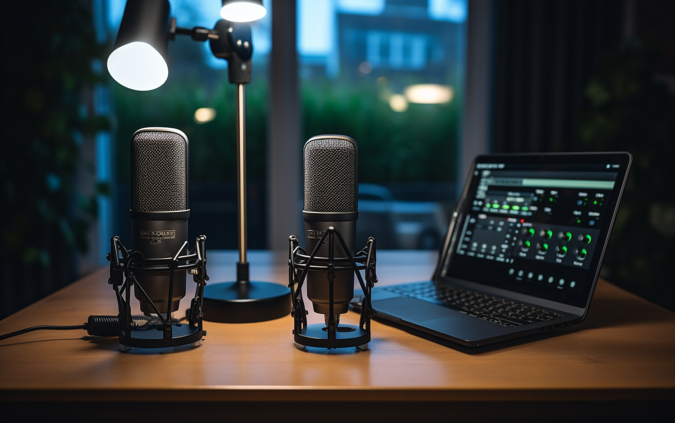 Zwei Podcastmikrofone auf einem Tisch.