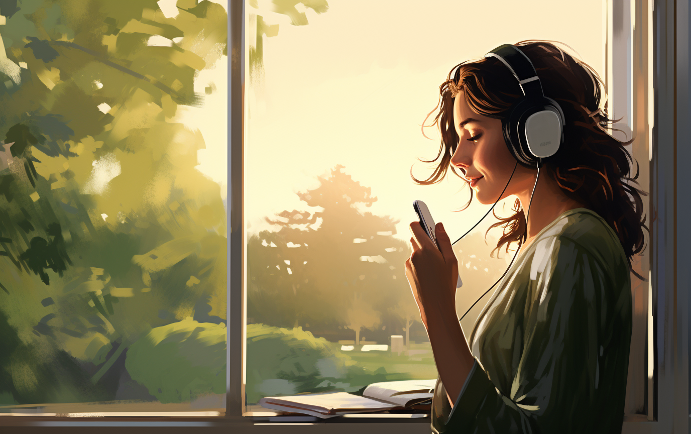 Eine Person mit Kopfhörern vor einem Fenster sitzend. Vor dem Fenster sind einige Bäume und Wiese zu sehen.