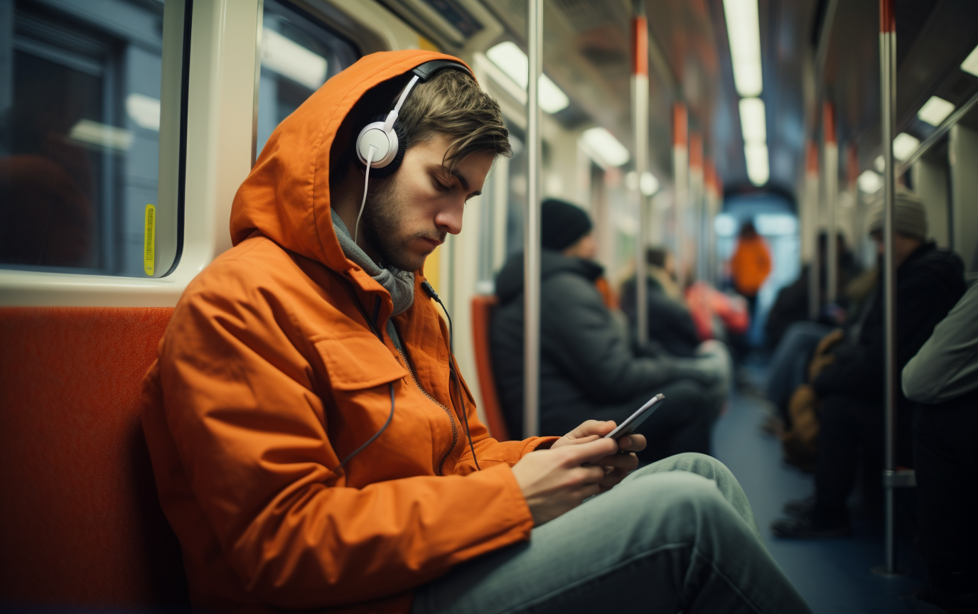Ein Mann sitzt in einer U-Bahn. Sie trägt Kopfhörer und eine orangene Jacke und eine Jeans. In der U-Bahn sin die Sitze länge zur Fahrtrichtung ausgerichtet, so dass man seitlich zur Fahrtrichtung sitzt. Im Hintergrund sieht man mit einem unscharfen Fokus weitere Menschen sitzen.