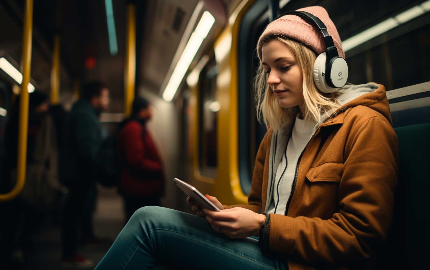 eine_person_sitzt_in_einer_u-bahn_und_hort_einen_podcast3 Eine Person sitzt in der U-Bahn und hört einen Podcast.