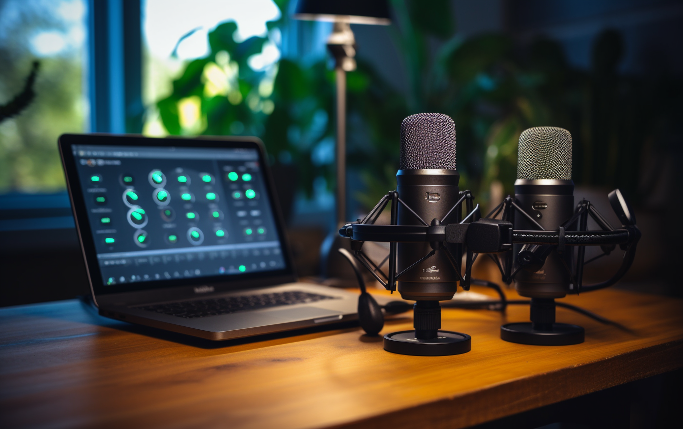 2_professional_microphones_on_a_kichten_table_with_a_dig_8e5a0f18-4e0e-4be9-bc20-4fb03494d907 2 Mikrophone und ein Notebook auf einem Holztisch. Im Hintergrund sind grüne Pflanzen.