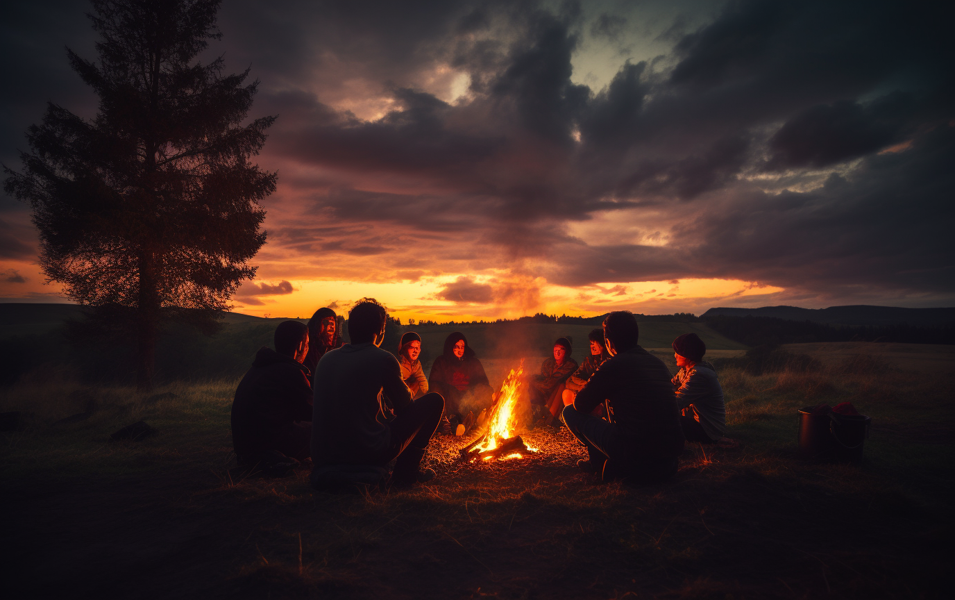 Menschen sitzen beim Sonnenuntergang am Lagerfeuer und erzählen sich Geschichten.