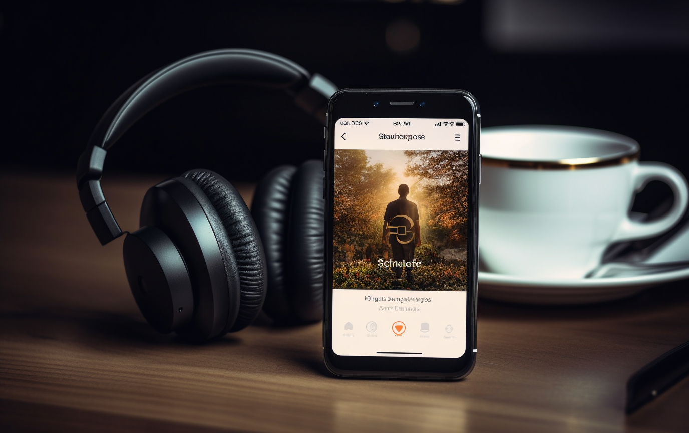 Eine Appansicht eines Smartphones. Im Hintergrund ein schwarzer Kopfhörer und eine Kaffeetasse. Alles steht auf einem Holztisch.